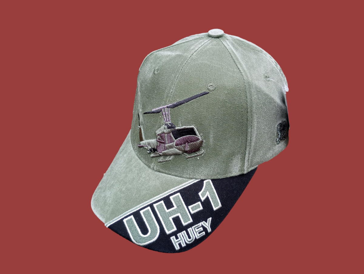 U.S ARMY UH-1 HUEY HAT EMBROIDERED MILITARY BALL CAP STONE WASHED OD GREEN