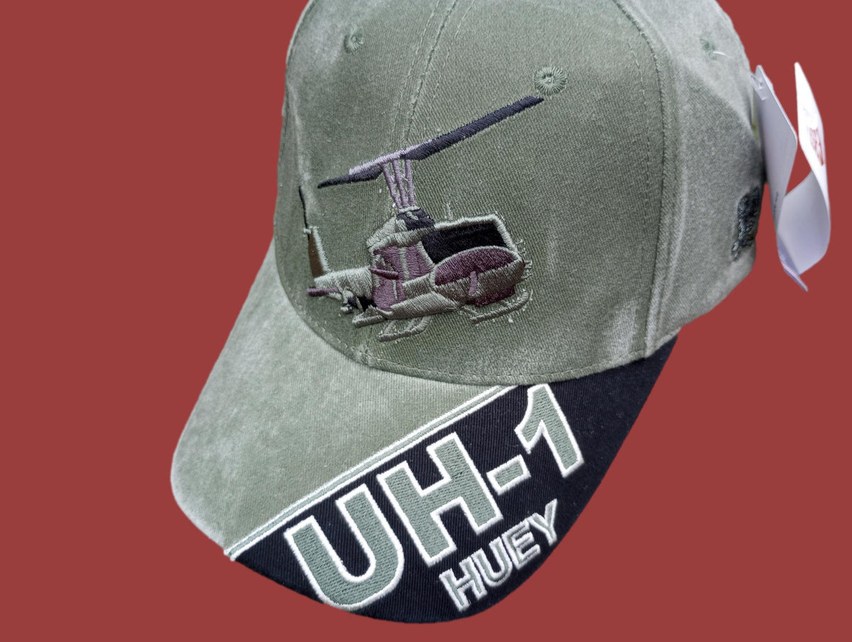 U.S ARMY UH-1 HUEY HAT EMBROIDERED MILITARY BALL CAP STONE WASHED OD GREEN