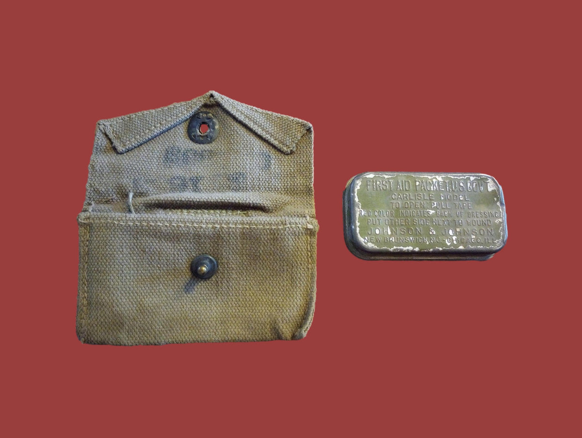 WWII U.S Army/USMC Khaki First Aid Pouch & Carlisle Tin Bandage M-1924