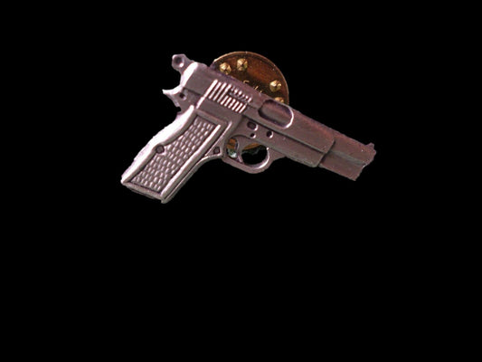 9 MM AUTOMATIC PISTOL HAT PIN ANTIQUE SILVER IN COLOR LAPEL PIN