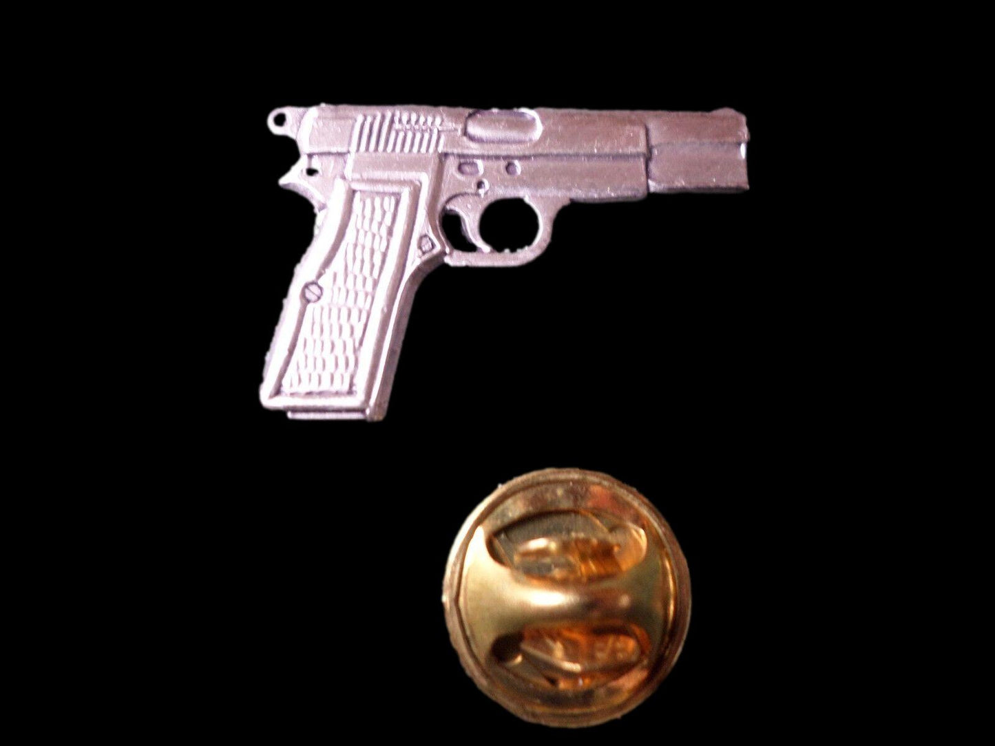 9 MM AUTOMATIC PISTOL HAT PIN ANTIQUE SILVER IN COLOR LAPEL PIN