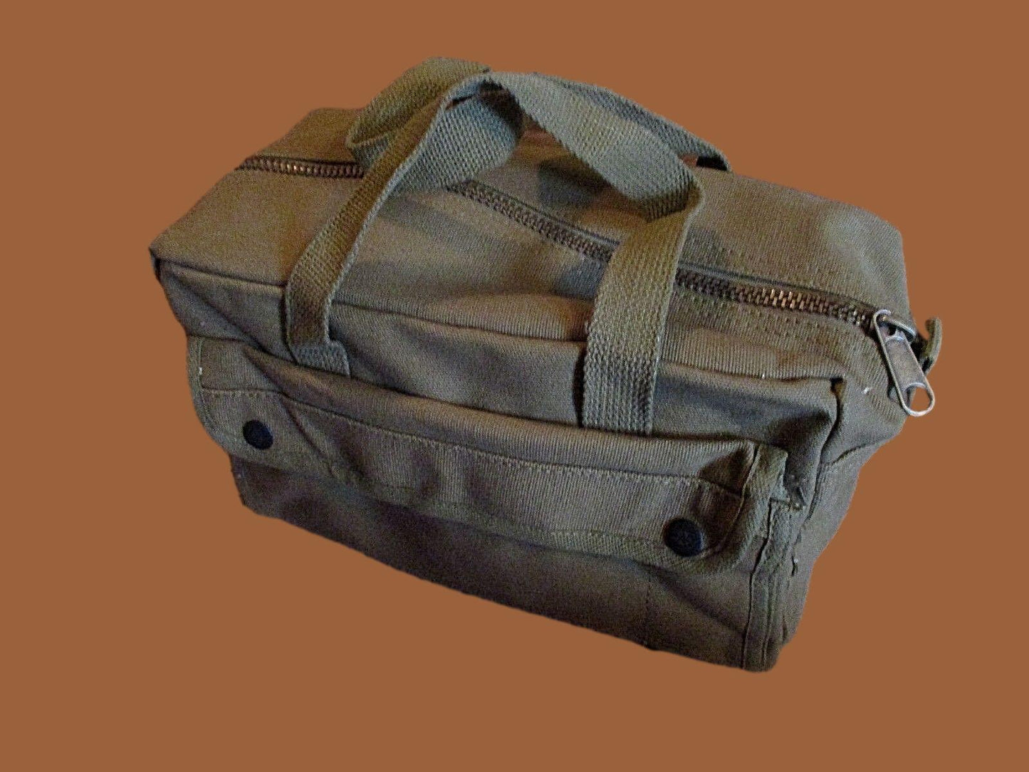 HEAVY DUTY GREEN MILITARY STYLE MECHANICS HARD BOTTOM TOOL BAG BRASS ZIPPER