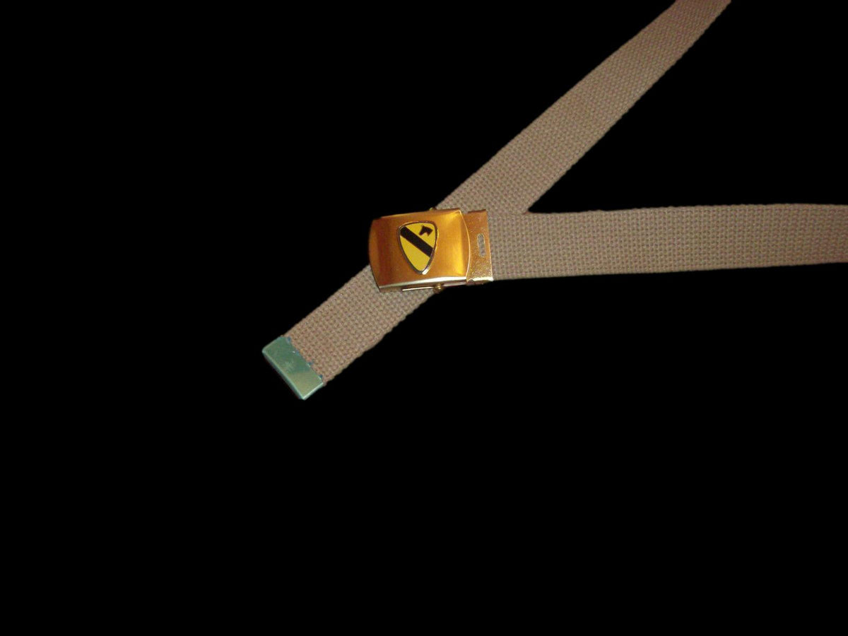 US MILITARY GRADE KHAKI HEAVY WEB BELT WITH 1st CAVALRY BRASS BUCKLE U.S.A MADE
