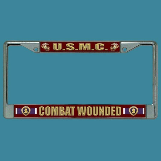 U.S MARINE CORPS COMBAT WOUNDED LICENSE PLATE FRAME PURPLE HEART CHROME METAL