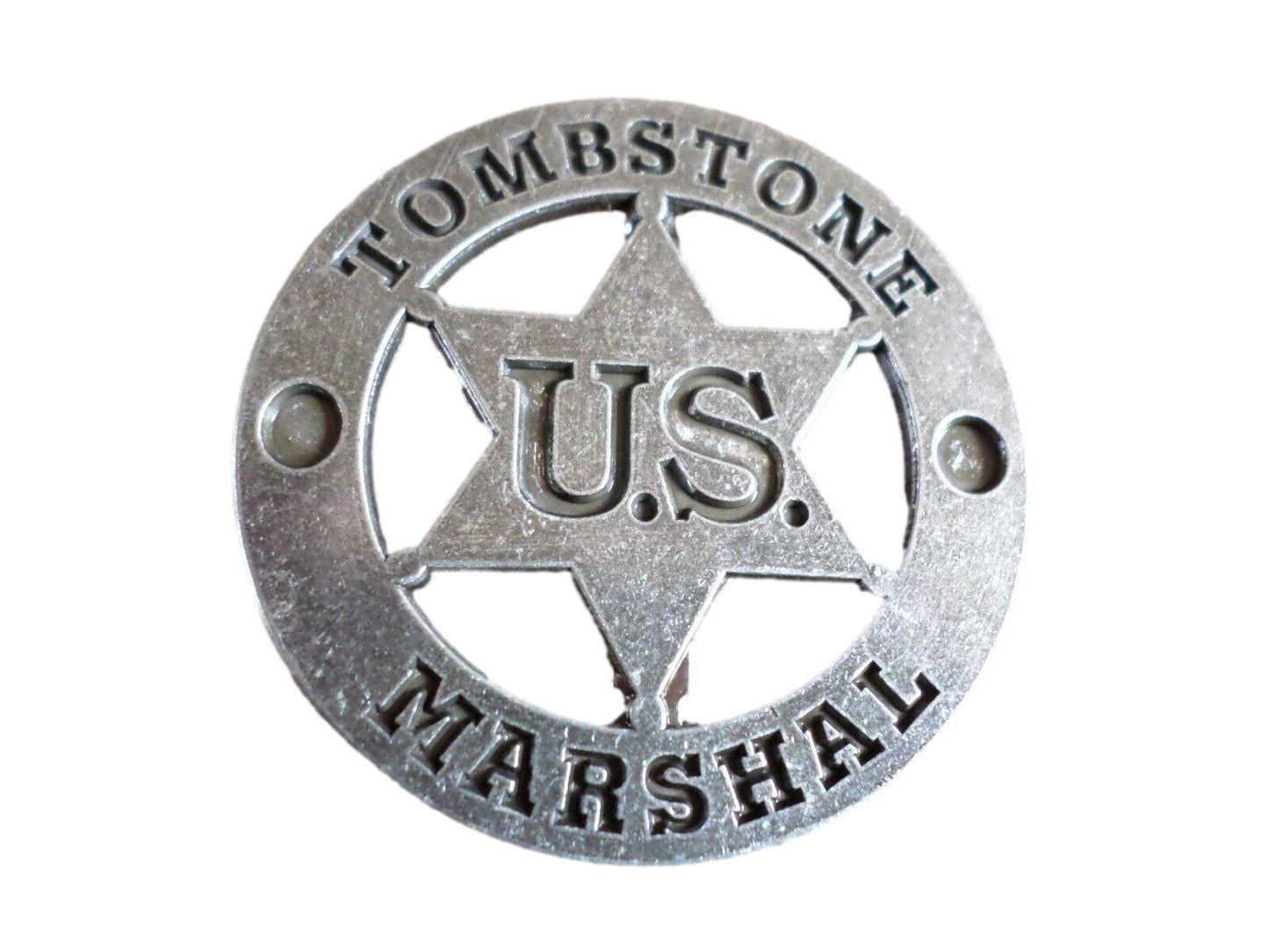 TOMBSTONE NOVELTY BADGE OLD WEST SILVER STAR PIN BACK  2" INCHES