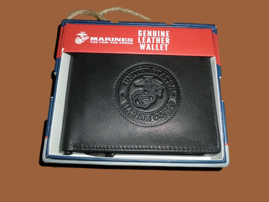 NEW U.S MARINE CORPS LEATHER BI-FOLD WALLET GENUINE BLACK COWHIDE EMBOSSED