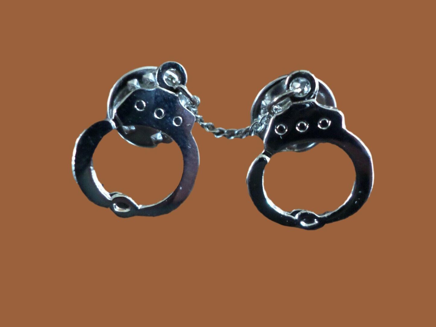 Handcuff with chain Lapel pin tie tac or hat pin double post design silver metal