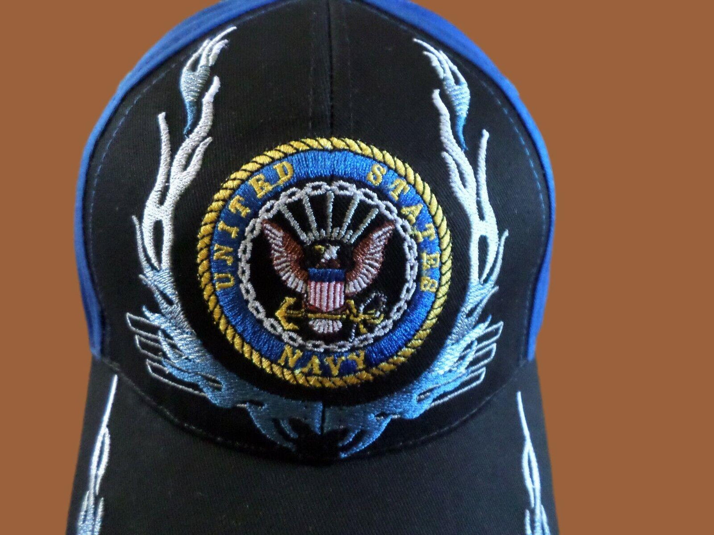 U.S NAVY WITH FLAMES EMBROIDERED 6 PANEL CAP OFFICIALLY LICENSED U.S NAVY HAT