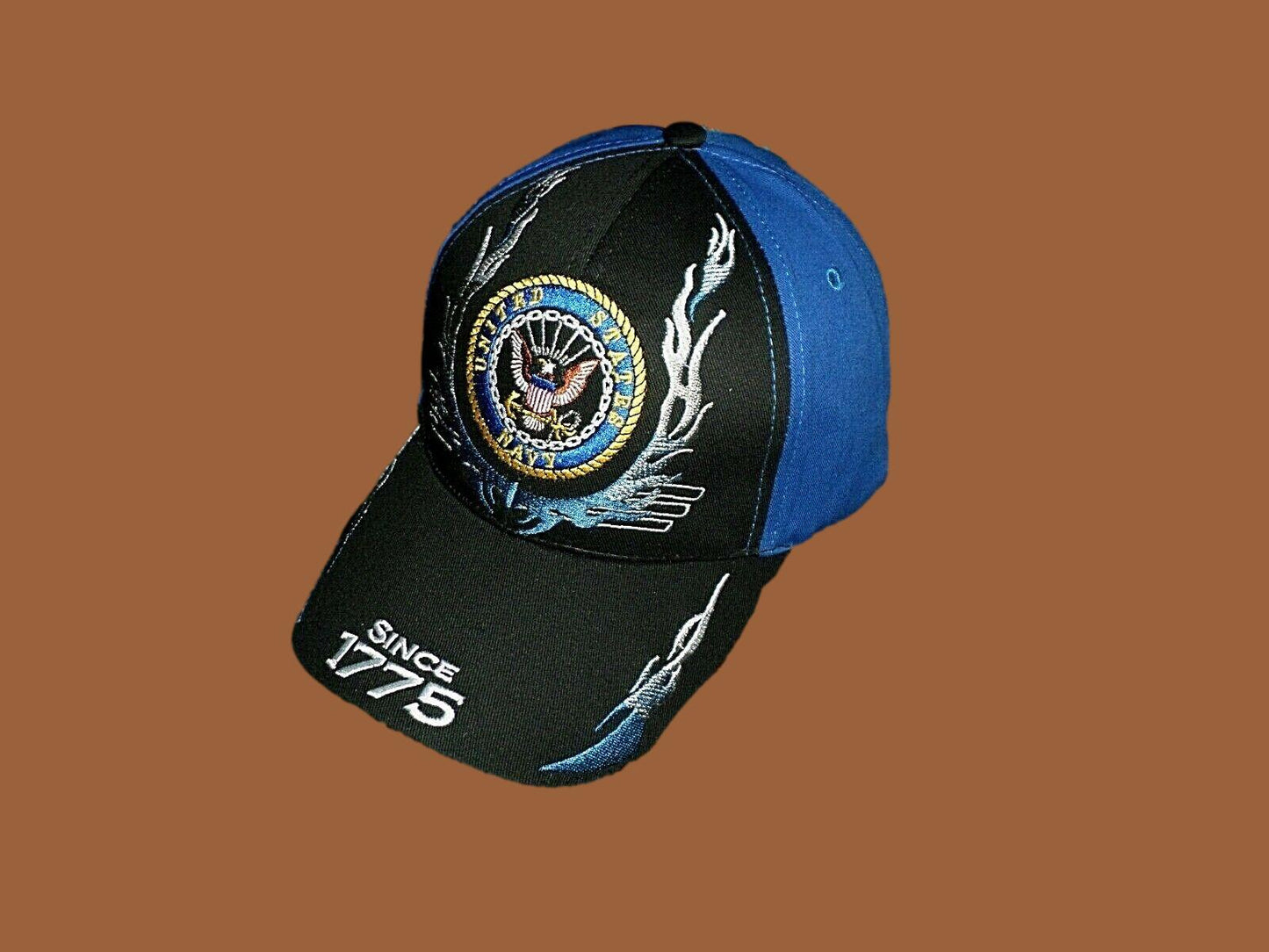 U.S NAVY WITH FLAMES EMBROIDERED 6 PANEL CAP OFFICIALLY LICENSED U.S NAVY HAT