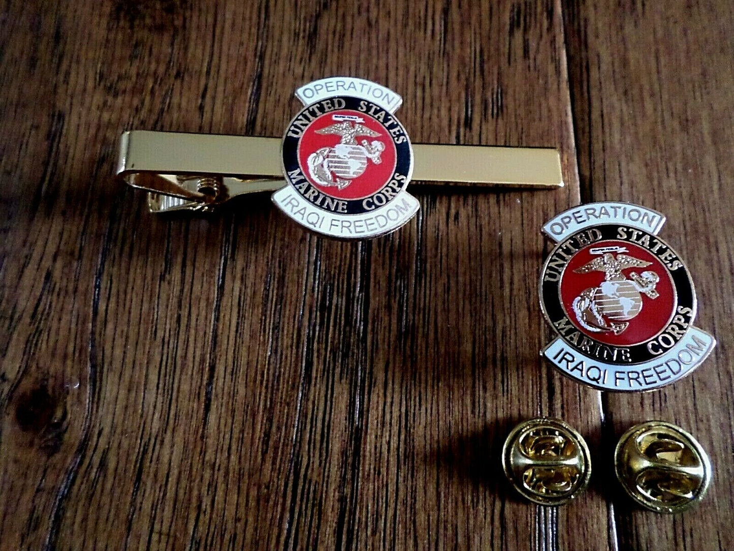 MILITARY MARINE CORPS IRAQI FREEDOM TIE BAR / TIE TAC & LAPEL HAT PIN GIFT SET