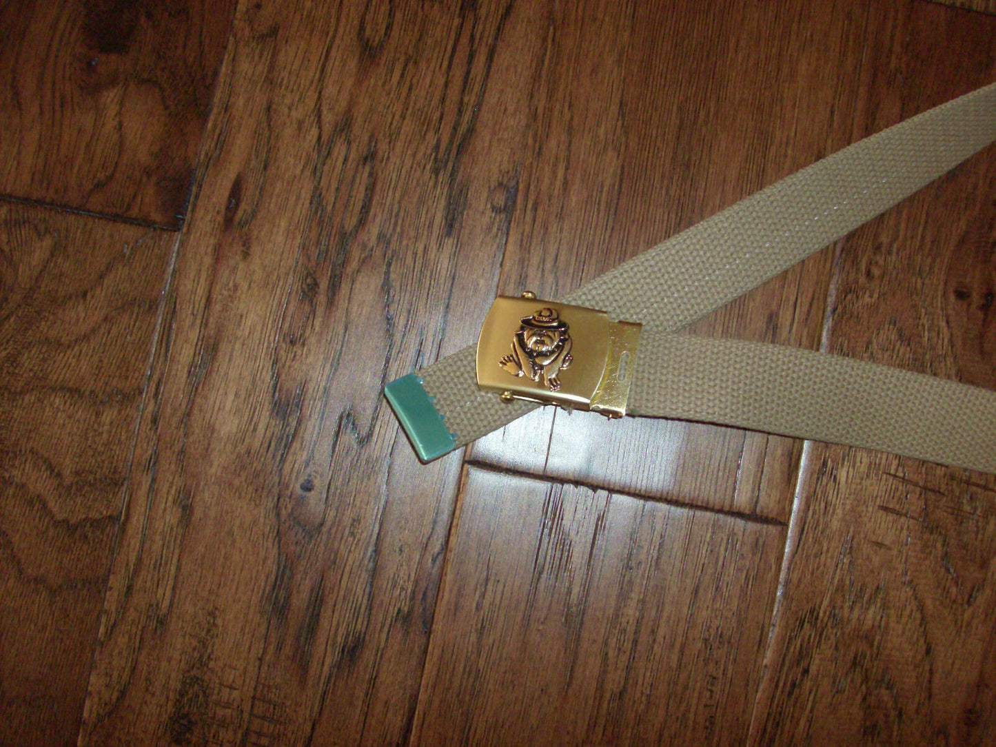 US MILITARY STYLE KHAKI WEB BELT WITH MARINE CORPS BULL DOG BRASS BUCKLE