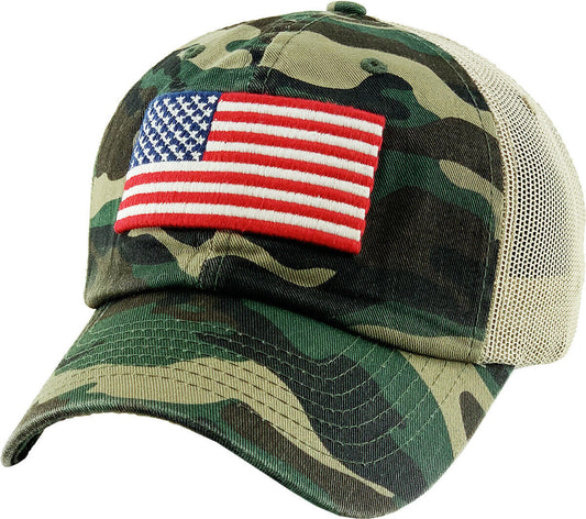 U.S American Flag Hat Cap Cotton Mesh Back Woodland Camouflage Baseball Cap