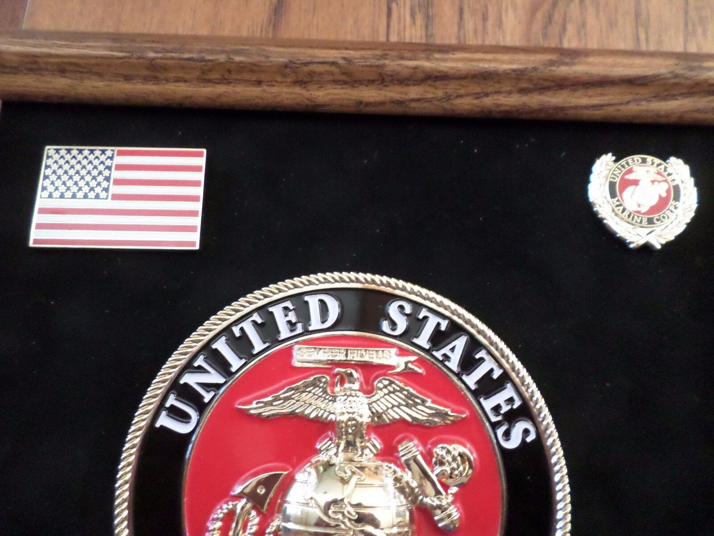 U.S MILITARY MARINE CORPS MEDALLION WITH PINS PRESENTATION SHADOW BOX OAK FRAME