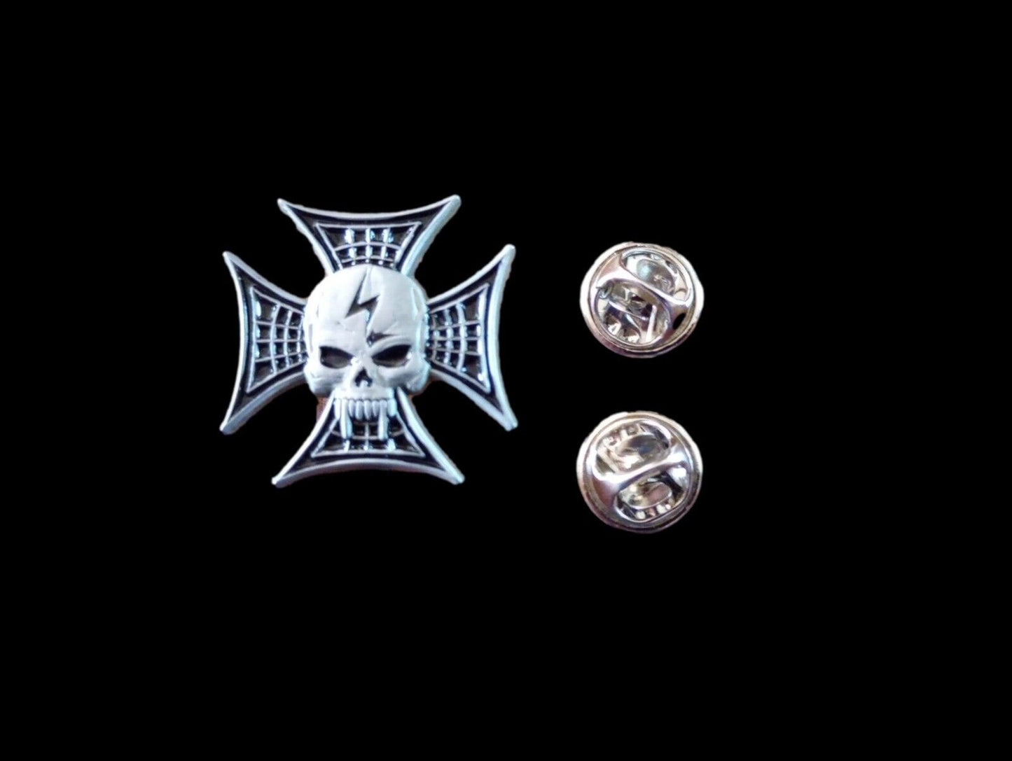 IRON CROSS HAT PIN LAPEL DOUBLE POST PIN SKULL & LIGHTNING