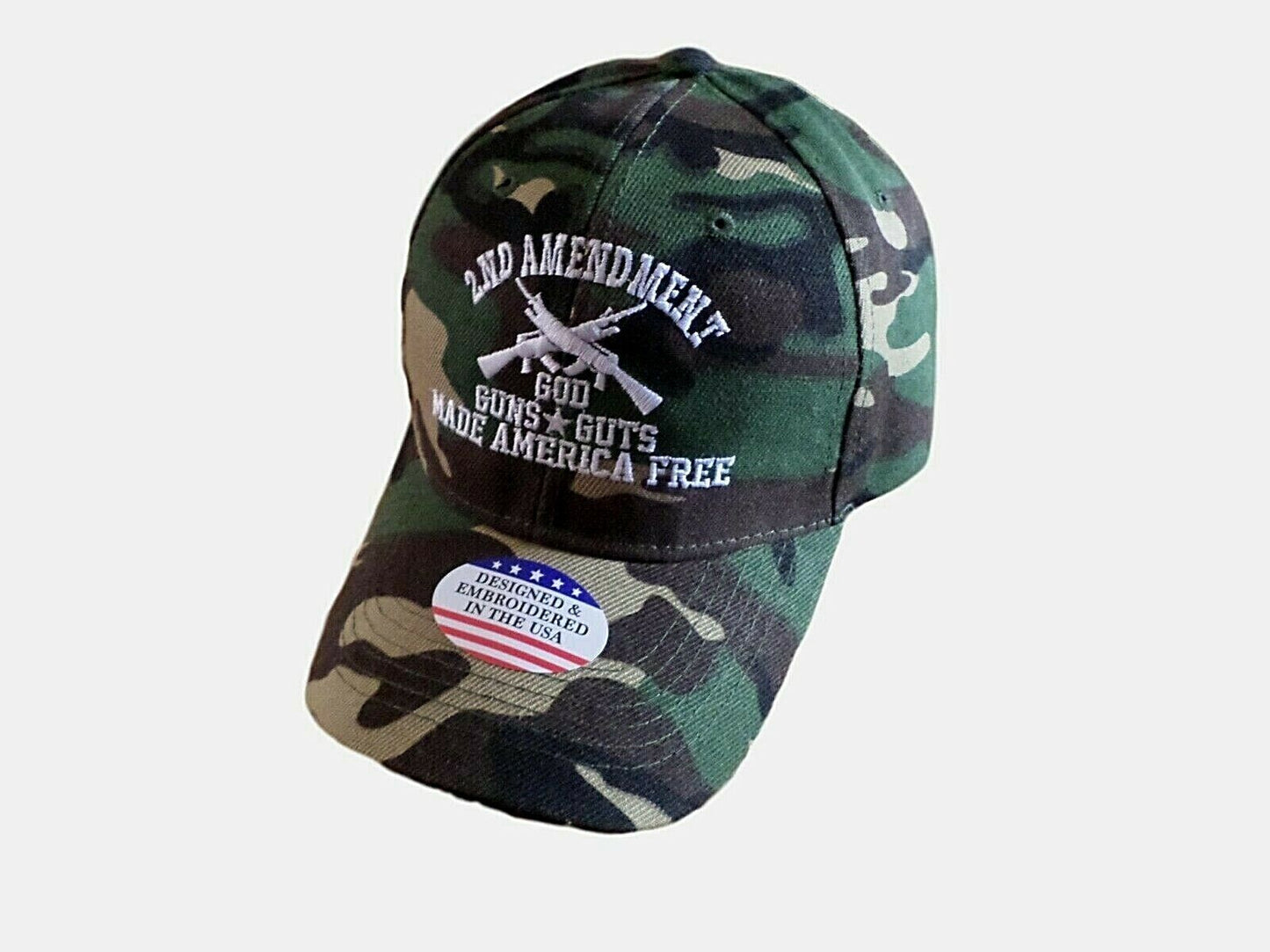 2nd AMENDMENT HAT GOD GUNS GUTS MADE AMERICA FREE CAP EMBROIDERED CAMOUFLAGE