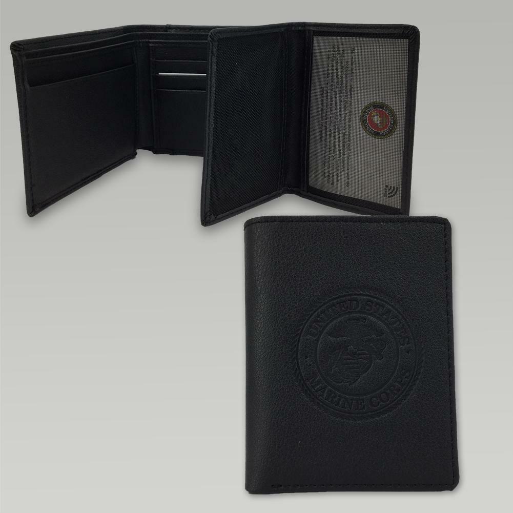 NEW U.S MARINE CORPS LEATHER TRIFOLD WALLET GENUINE BLACK COWHIDE EMBOSSED