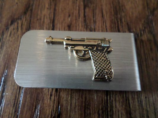 GERMAN MILITARY P-38 9MM METAL MONEY CLIP GOLD COLOR PISTOL U.S.A MADE