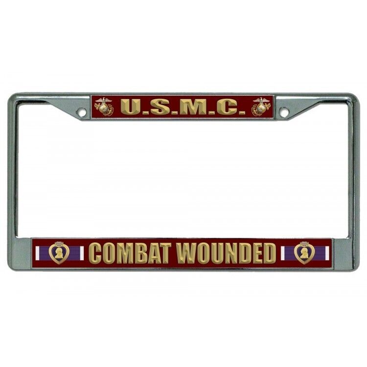 U.S MARINE CORPS COMBAT WOUNDED LICENSE PLATE FRAME PURPLE HEART CHROM ...