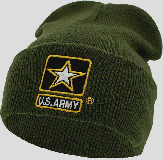 ARMY OD GREEN BEANIE WATCH CAP COLD WEATHER KNIT HAT USA MADE ARMY STAR LOGO