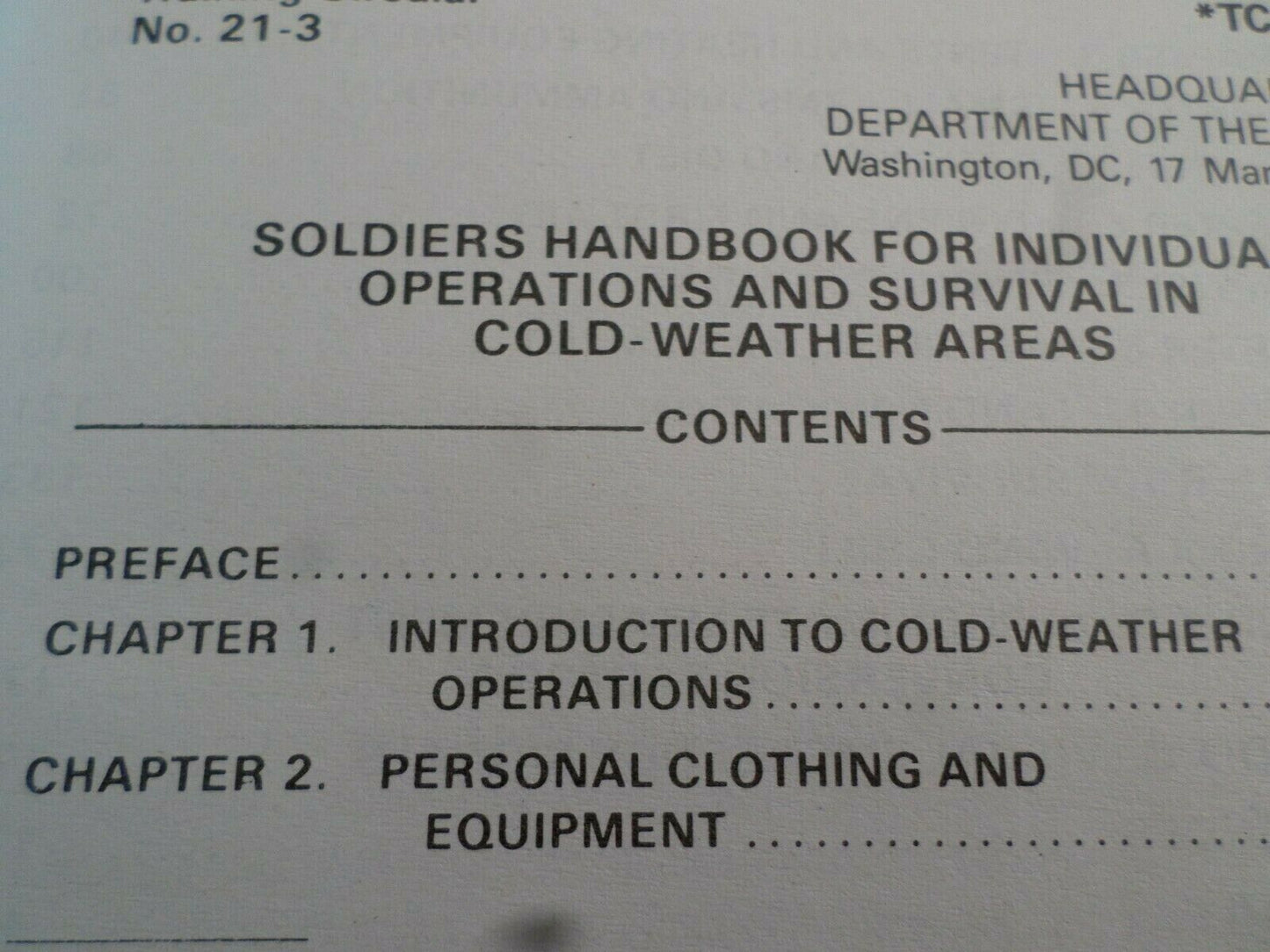 U.S ARMY SOLDIER'S HANDBOOK SURVIVAL GUIDE IN COLD WEATHER AREAS TC 21-3