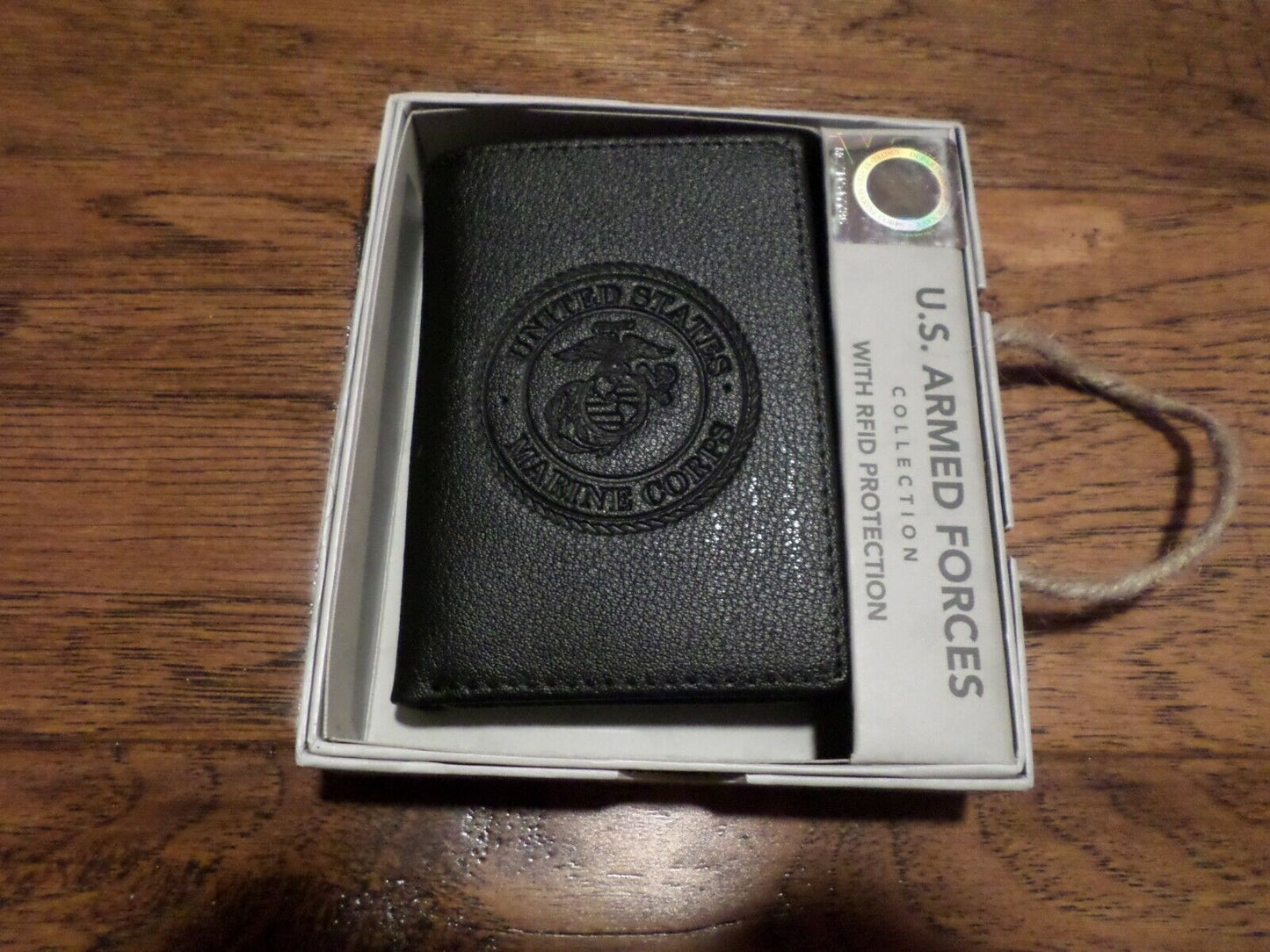 NEW U.S MARINE CORPS LEATHER TRIFOLD WALLET GENUINE BLACK COWHIDE EMBOSSED