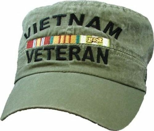 U.S MILITARY VIETNAM VETERAN HAT FLAT TOP OD GREEN BALL CAP VIETNAM RIBBONS