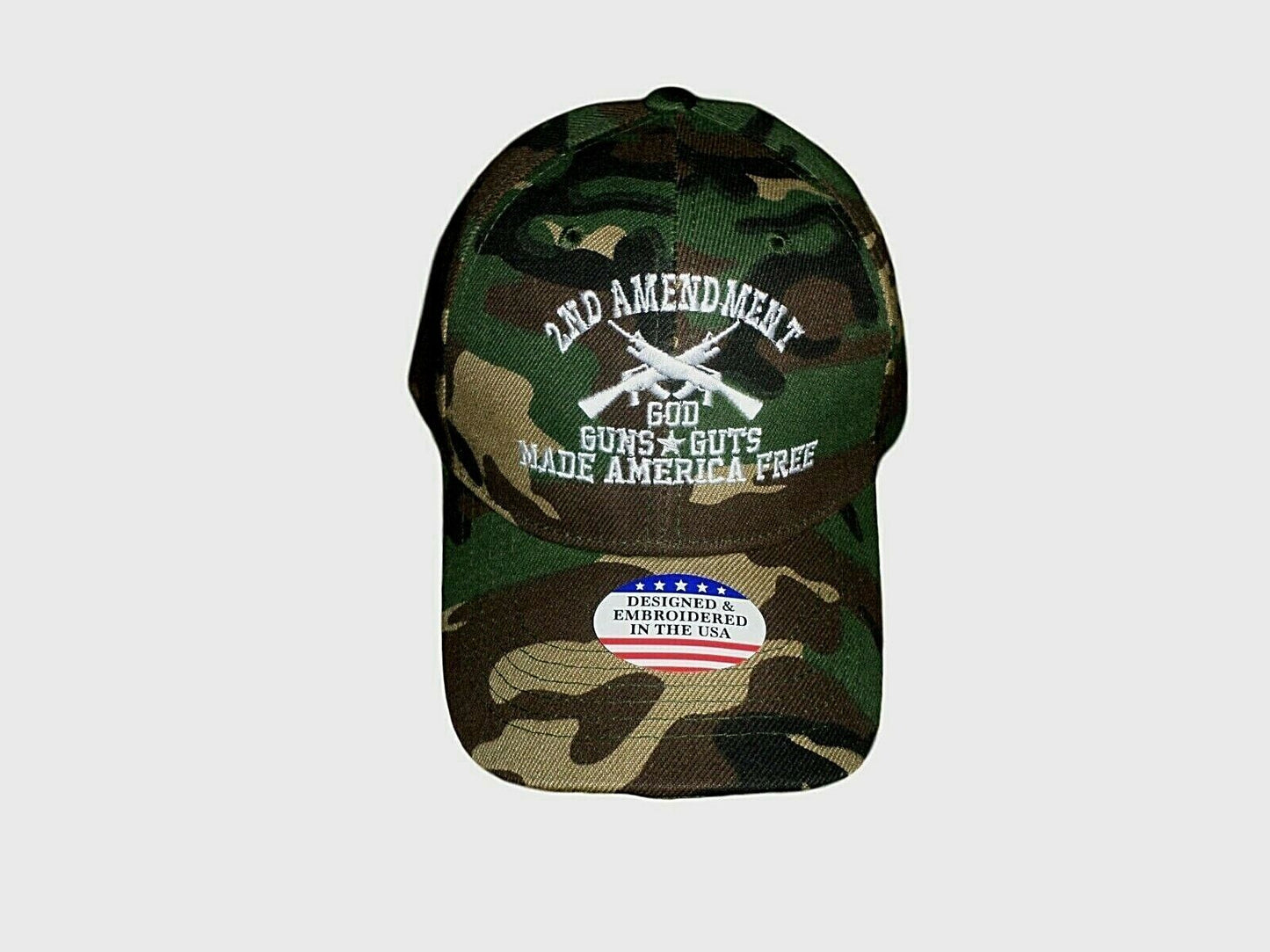 2nd AMENDMENT HAT GOD GUNS GUTS MADE AMERICA FREE CAP EMBROIDERED CAMOUFLAGE