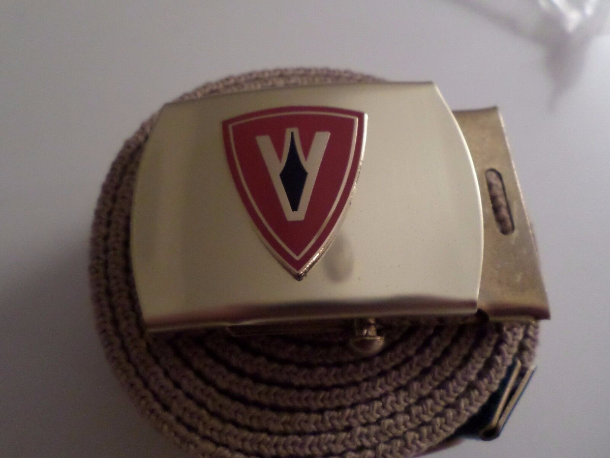 U.S MILITARY GRADE KHAKI WEB BELT WITH 5th MARINE CORPS BRASS BUCKLE U.S.A MADE