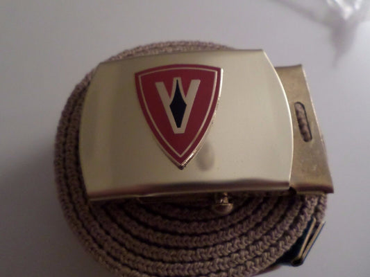 U.S MILITARY GRADE KHAKI WEB BELT WITH 5th MARINE CORPS BRASS BUCKLE U.S.A MADE