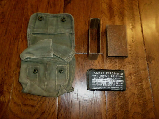 U.S MILITARY WWII ISSUE JUNGLE FIRST AID KIT POUCH AND BANDAGE 1944 J.A SHOE