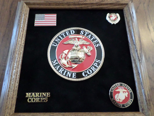 U.S MILITARY MARINE CORPS MEDALLION WITH PINS PRESENTATION SHADOW BOX OAK FRAME