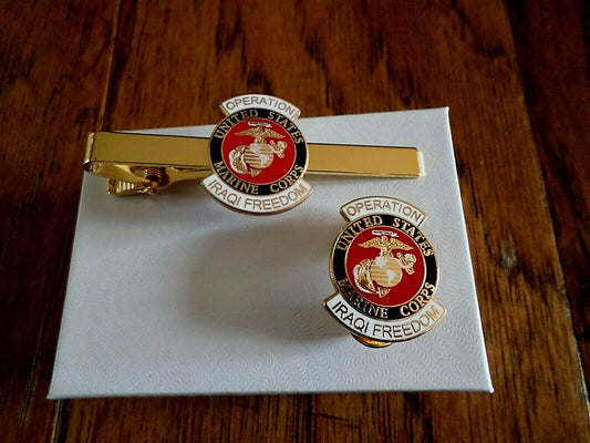 MILITARY MARINE CORPS IRAQI FREEDOM TIE BAR / TIE TAC & LAPEL HAT PIN GIFT SET