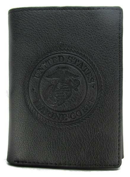 NEW U.S MARINE CORPS LEATHER TRIFOLD WALLET GENUINE BLACK COWHIDE EMBOSSED