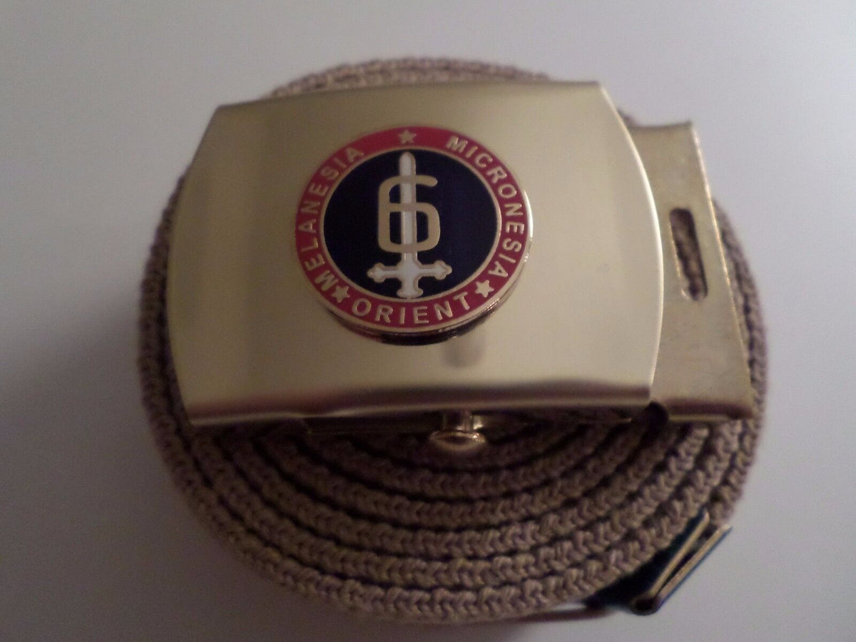 U.S MILITARY GRADE KHAKI WEB BELT WITH 6th MARINE CORPS BRASS BUCKLE U.S.A MADE