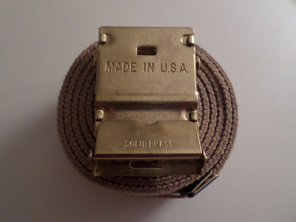 U.S MILITARY GRADE KHAKI WEB BELT WITH 6th MARINE CORPS BRASS BUCKLE U.S.A MADE