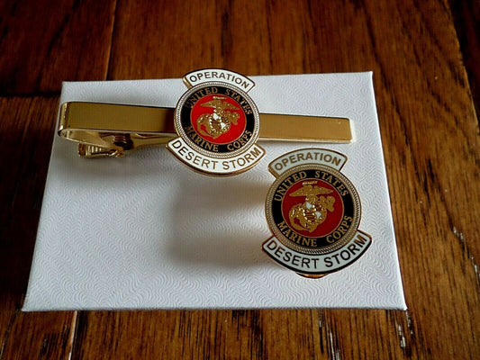 MILITARY MARINE CORPS DESERT STORM TIE BAR / TIE TAC & LAPEL HAT PIN GIFT SET