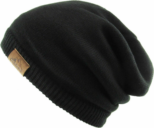 Slouch Baggy Beanie Black Watch Cap Sherpa Fleece Lined Ski Hat Knit Winter