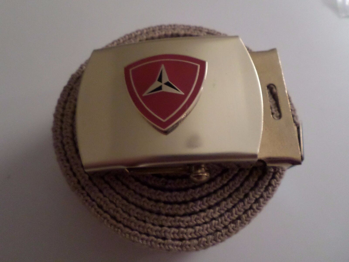U.S MILITARY KHAKI WEB BELT WITH 3rd MARINE CORPS BRASS BUCKLE MADE IN THE U.S.A