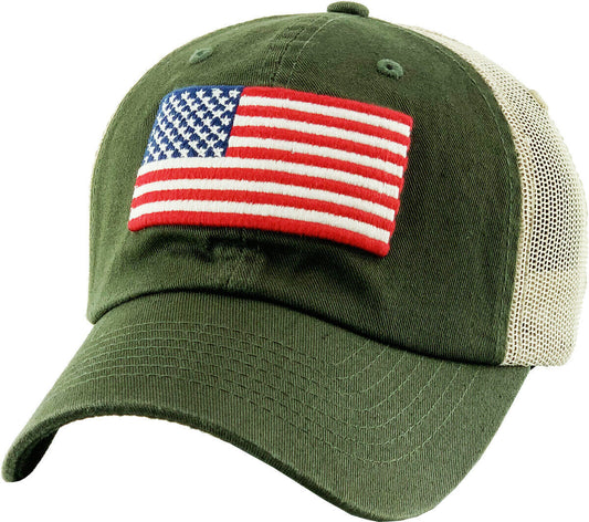 U.S American Flag Hat Cap Cotton Mesh Back OD Green Baseball Cap