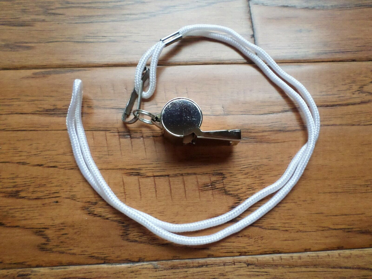 METAL NICKEL PLATED PEA CORK WHISTLE WITH LANYARD POLICE COACH EMERGENCY