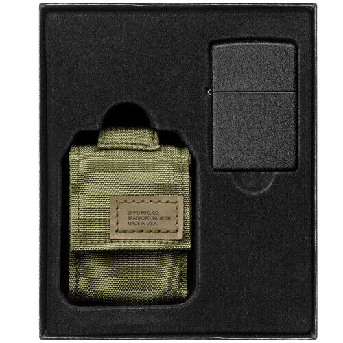 NEW ZIPPO BLACK CRACKLE LIGHTER WITH OD GREEN MOLLE MODULAR POUCH U.S.A MADE