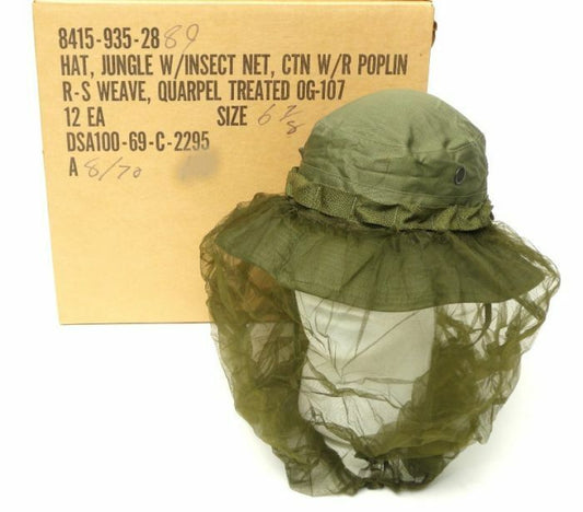 MILITARY VIETNAM BOONIE RIP-STOP JUNGLE HAT WITH NET OD GREEN 1969 NEW UNISSUED