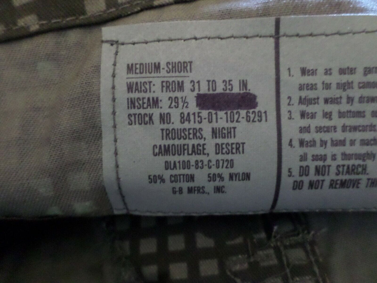 MILITARY ISSUE NIGHT DIGITAL DESERT CAMOUFLAGE BDU PANTS DESERT STORM