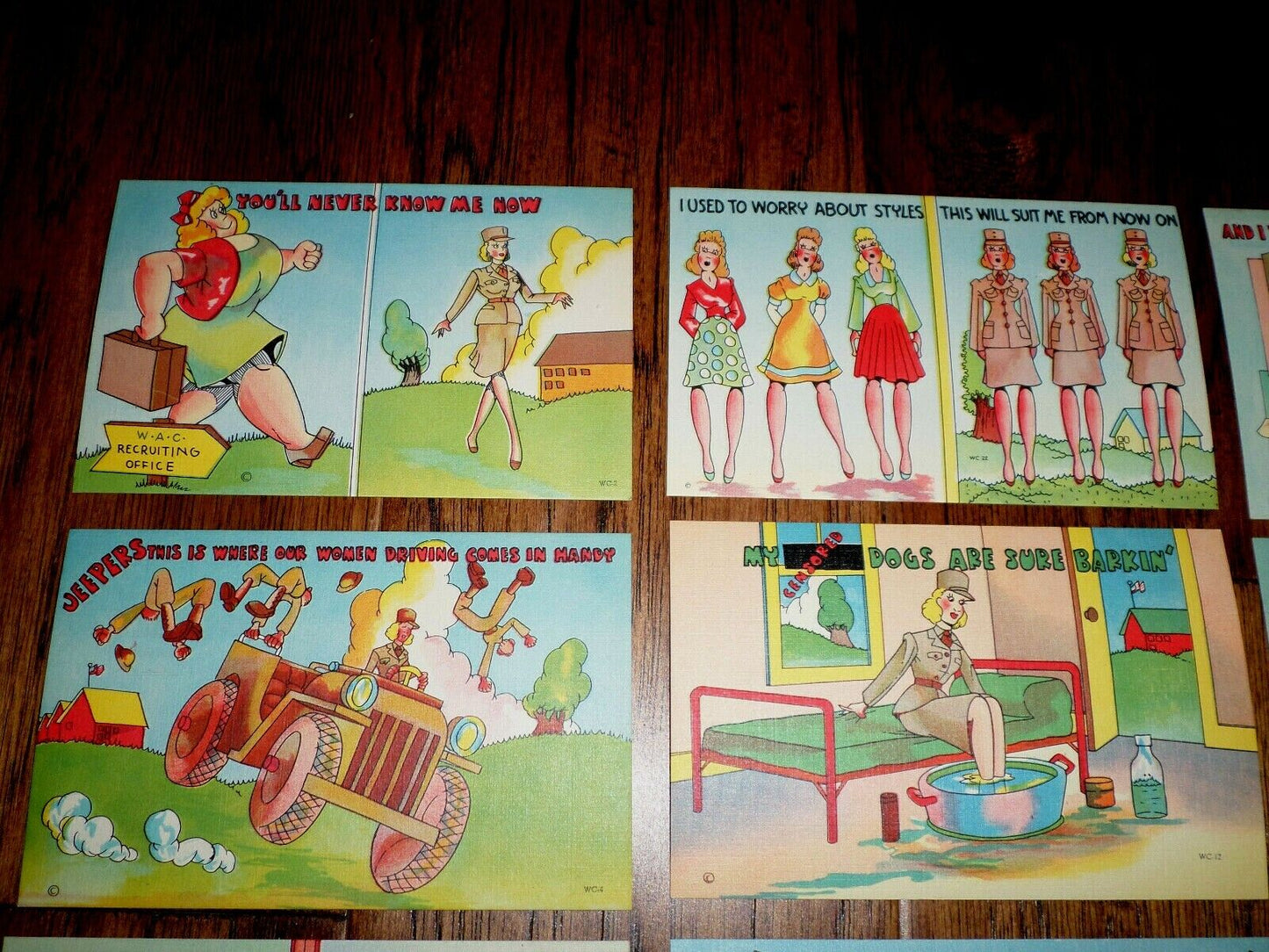 WWII U.S MILITARY COMIC POSTCARDS FEMALE WAC BY BEALS  9 CARDS IN SET VINTAGE