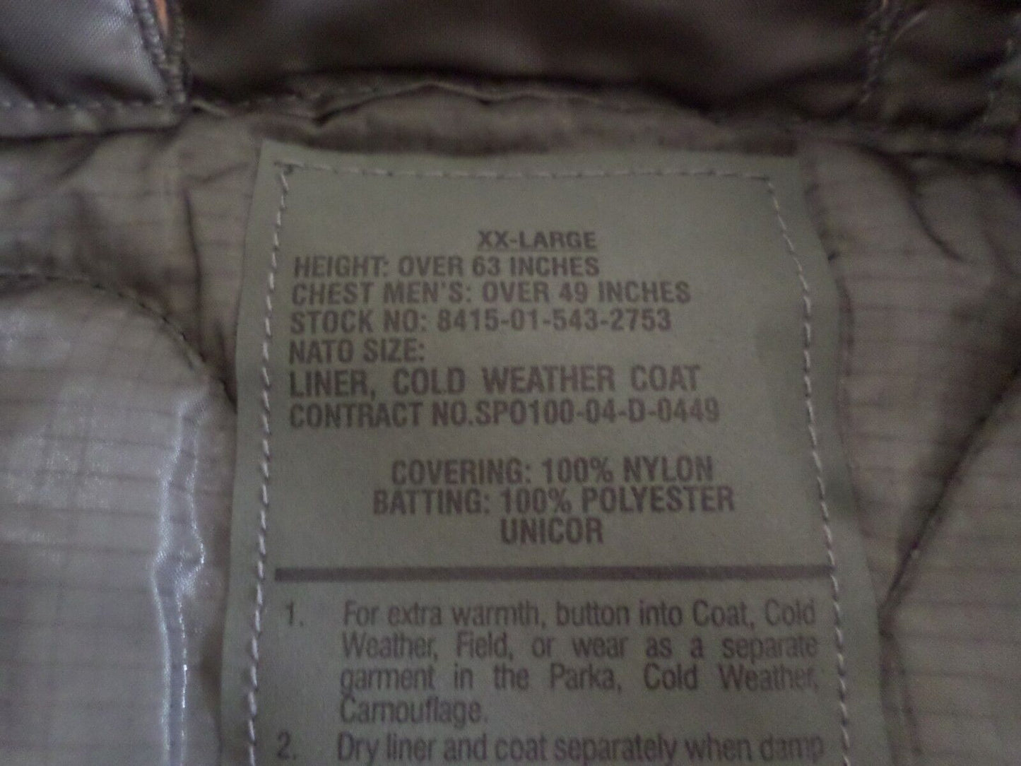 NEW MILITARY ISSUE M-65 FIELD JACKET LINER QUILTED COAT LINER XX LARGE U.S MADE