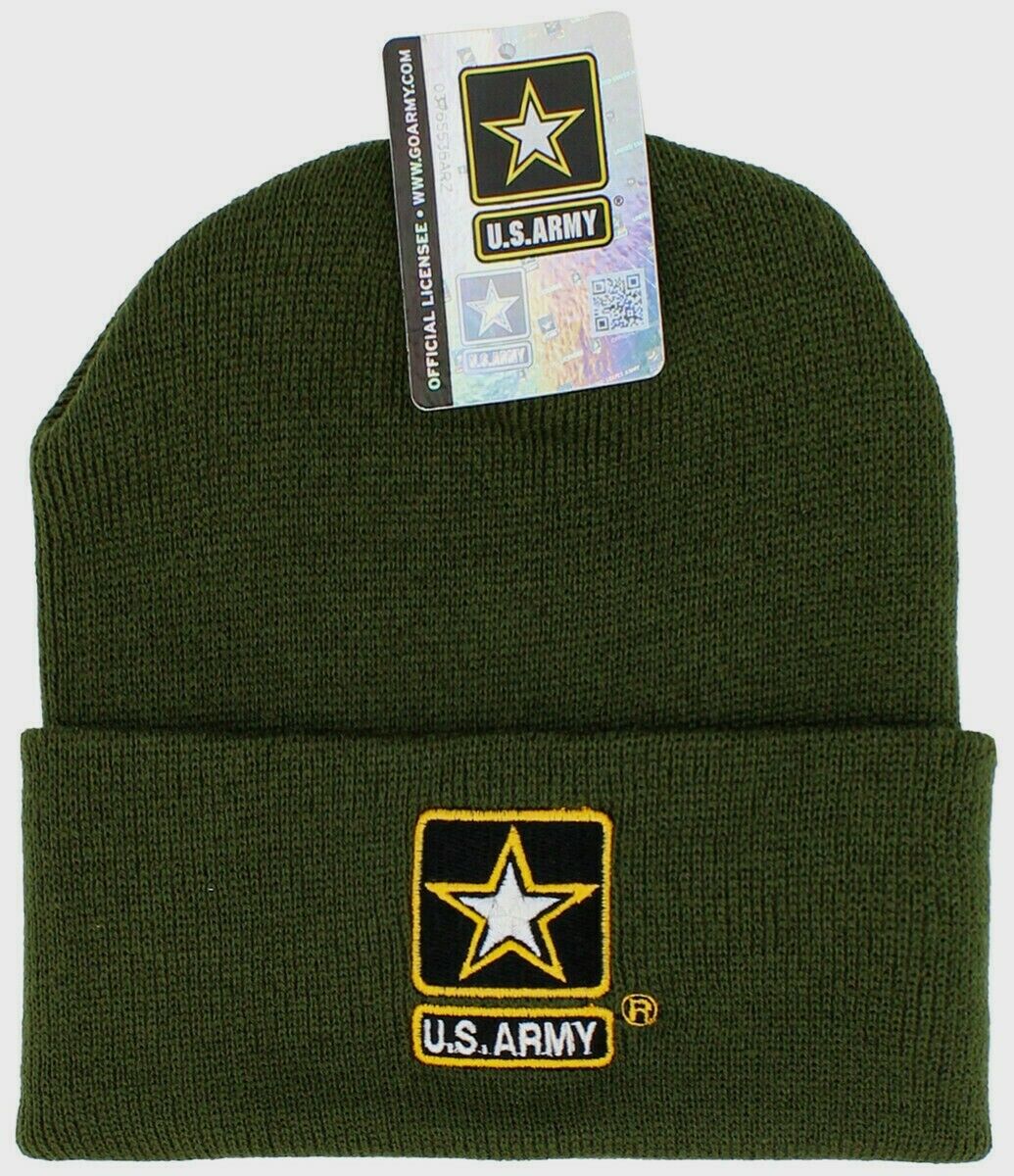 ARMY OD GREEN BEANIE WATCH CAP COLD WEATHER KNIT HAT USA MADE ARMY STAR LOGO