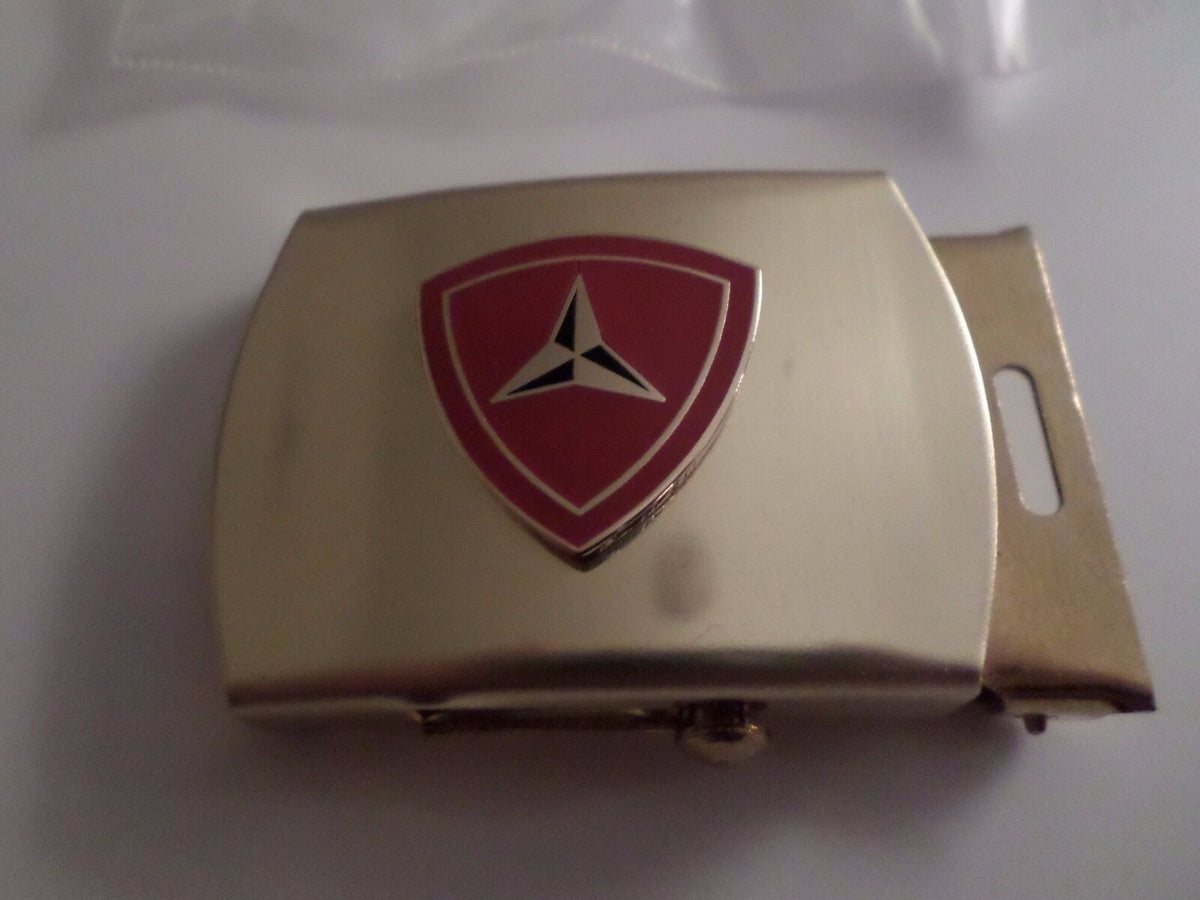 U.S MILITARY KHAKI WEB BELT WITH 3rd MARINE CORPS BRASS BUCKLE MADE IN THE U.S.A