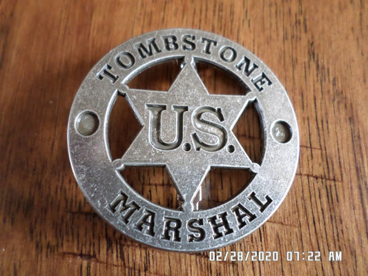 TOMBSTONE NOVELTY BADGE OLD WEST SILVER STAR PIN BACK  2" INCHES