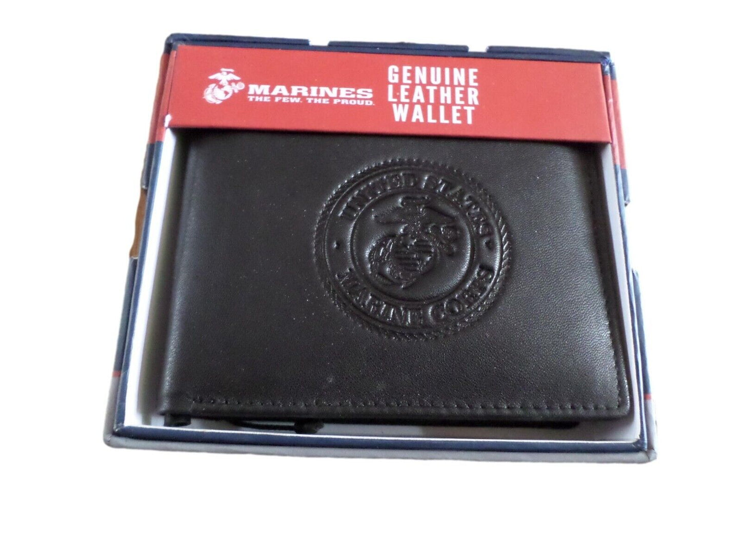 NEW U.S MARINE CORPS LEATHER BI-FOLD WALLET GENUINE BLACK COWHIDE EMBOSSED