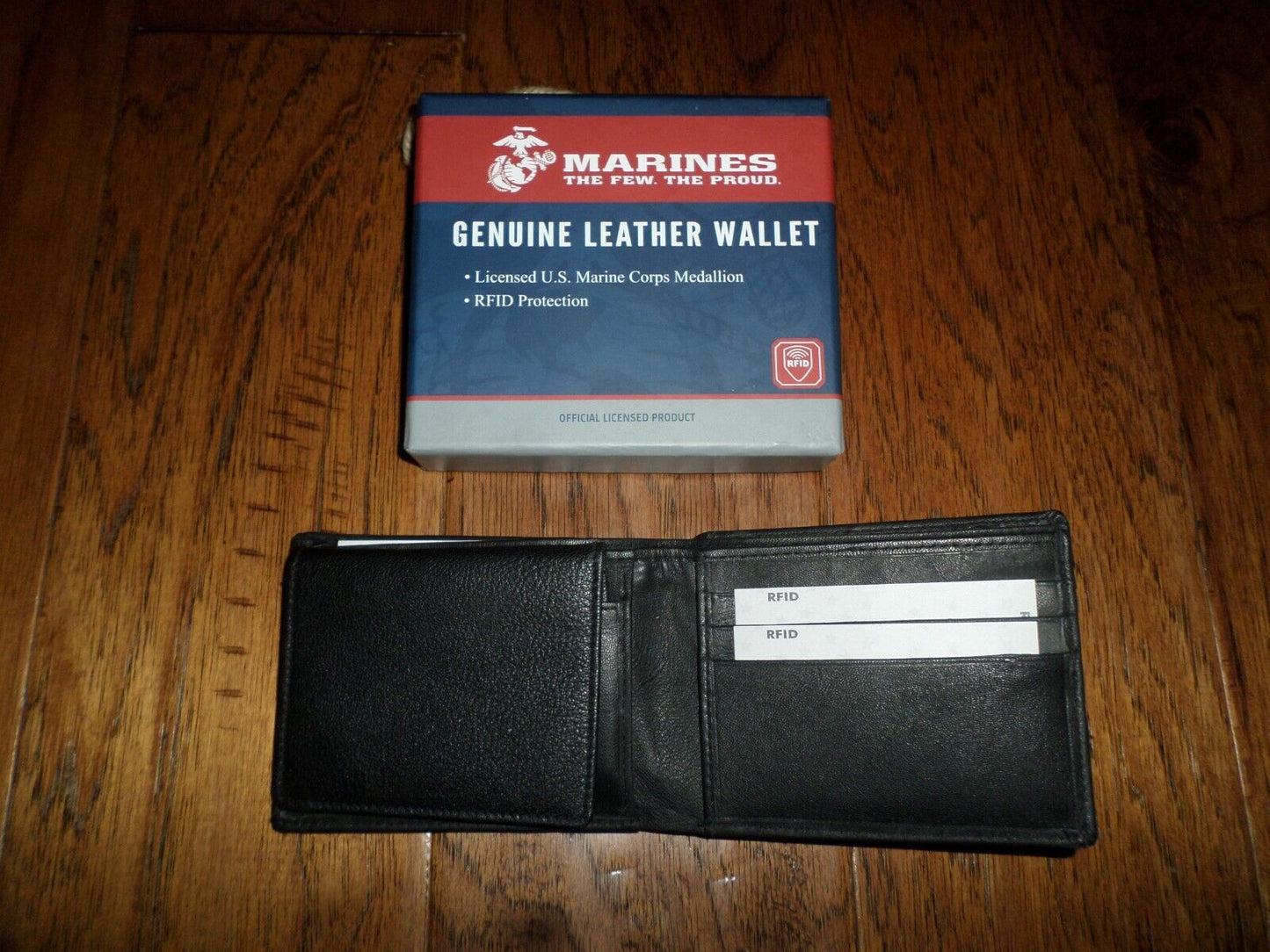 NEW U.S MARINE CORPS LEATHER BI-FOLD WALLET GENUINE BLACK COWHIDE EMBOSSED